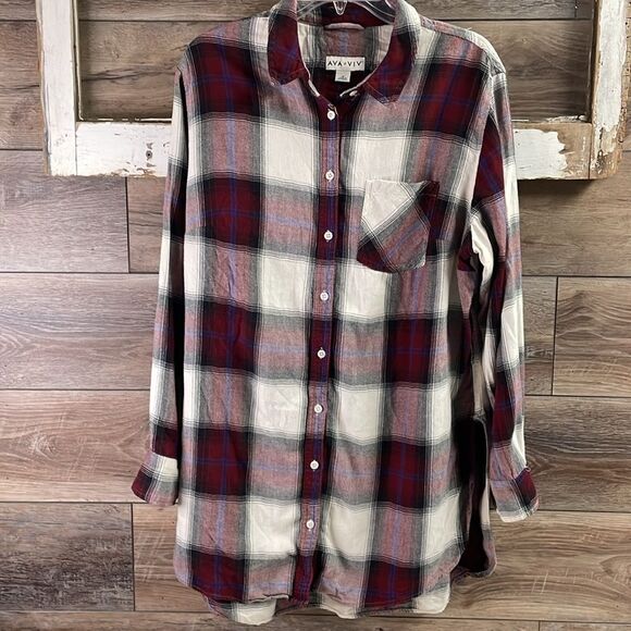 Ava & Viv Women’s Plaid Long Sleeve Button Up Down Shirt Sz 1X Red White Black - Picture 1 of 8